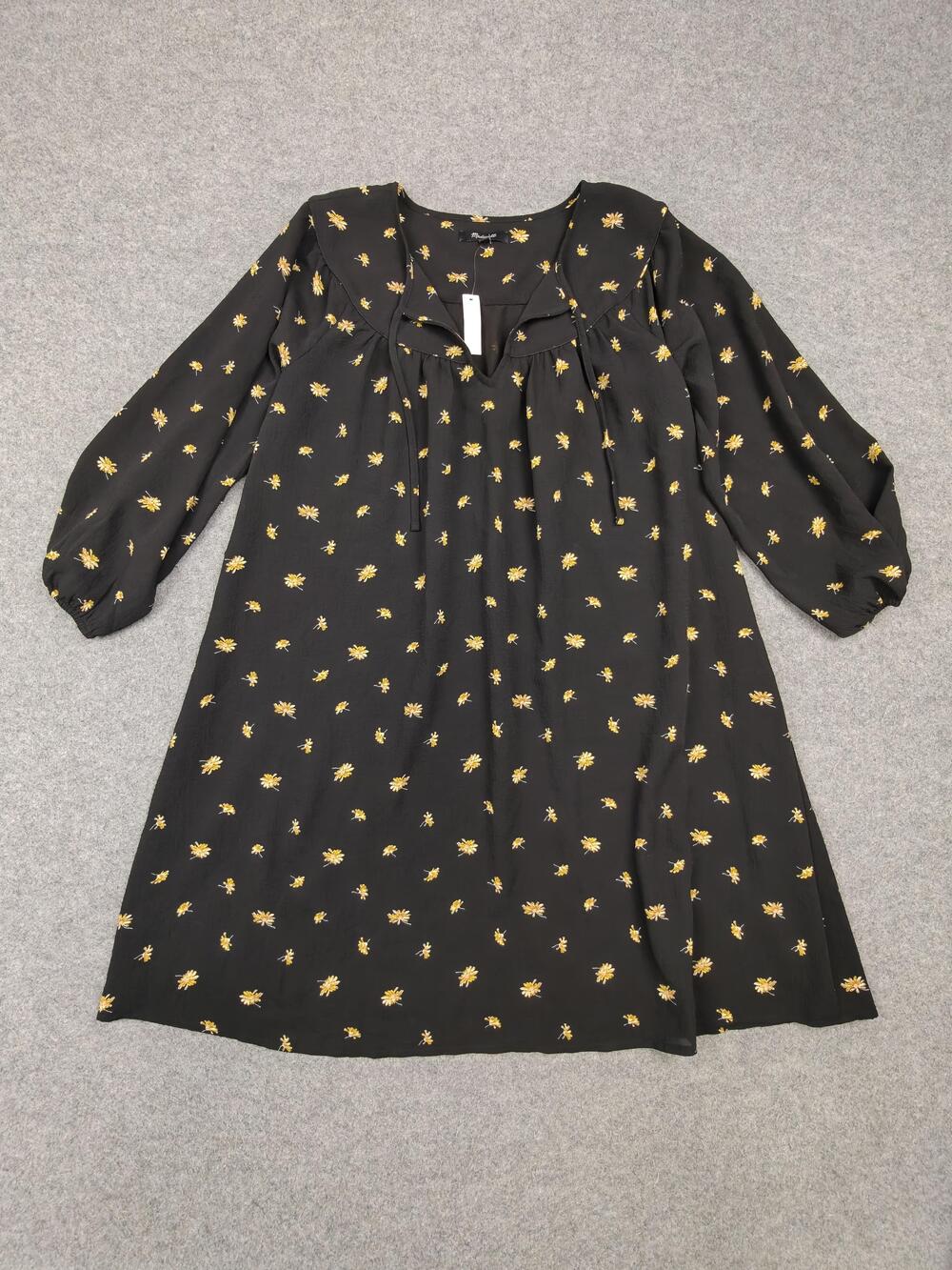 Madewell Dress Womens XS Black Floral Shift A-Line Ruffle Balloon Sleeve